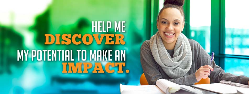 Help me discover my potential to make an impact. (Simling student looking at camera with books and pencil)