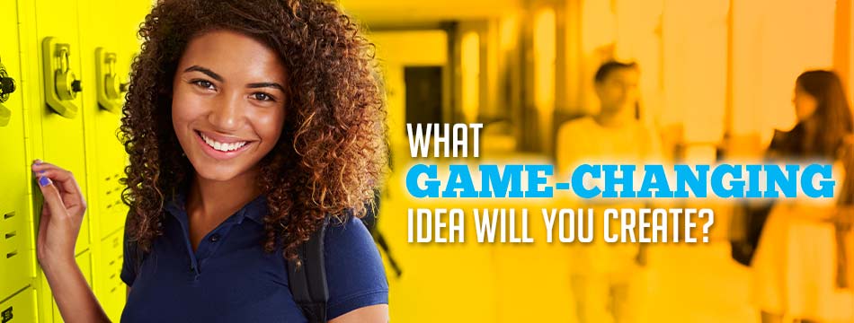 What game-changing idea will you create. (Simling student looking at camera while standing next a locker)